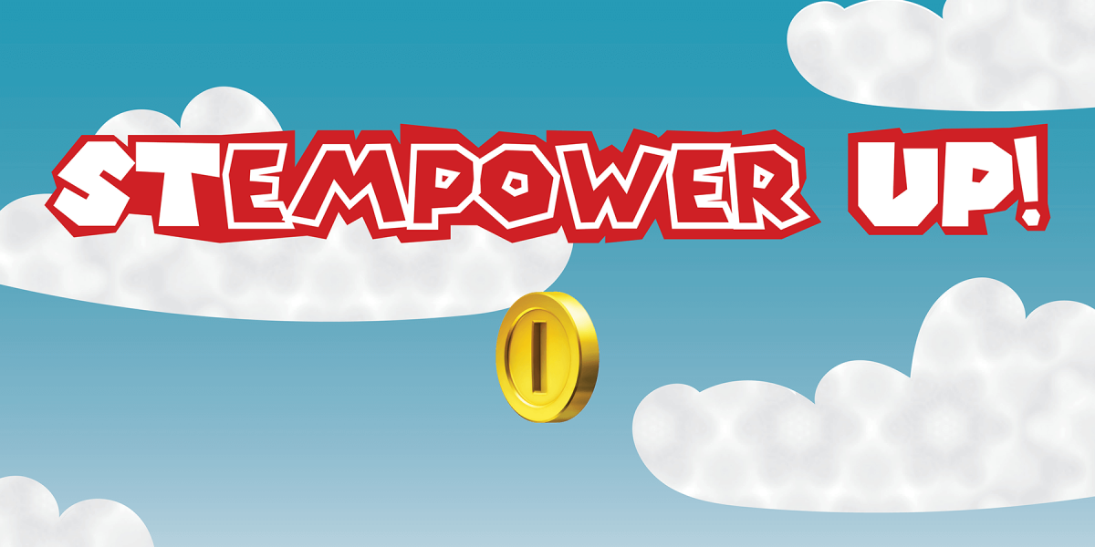 WoPhys 2021 - Stempower Up! Banner 8-bit graphic with clouds and coin